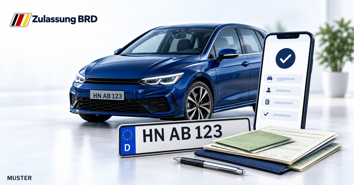 Online Fahrzeugzulassung in Eppingen: Musterkennzeichen HN AB 123, Auto und Fahrzeugpapiere und Smartphone. Illustration mit Logo von Zulassung BRD.